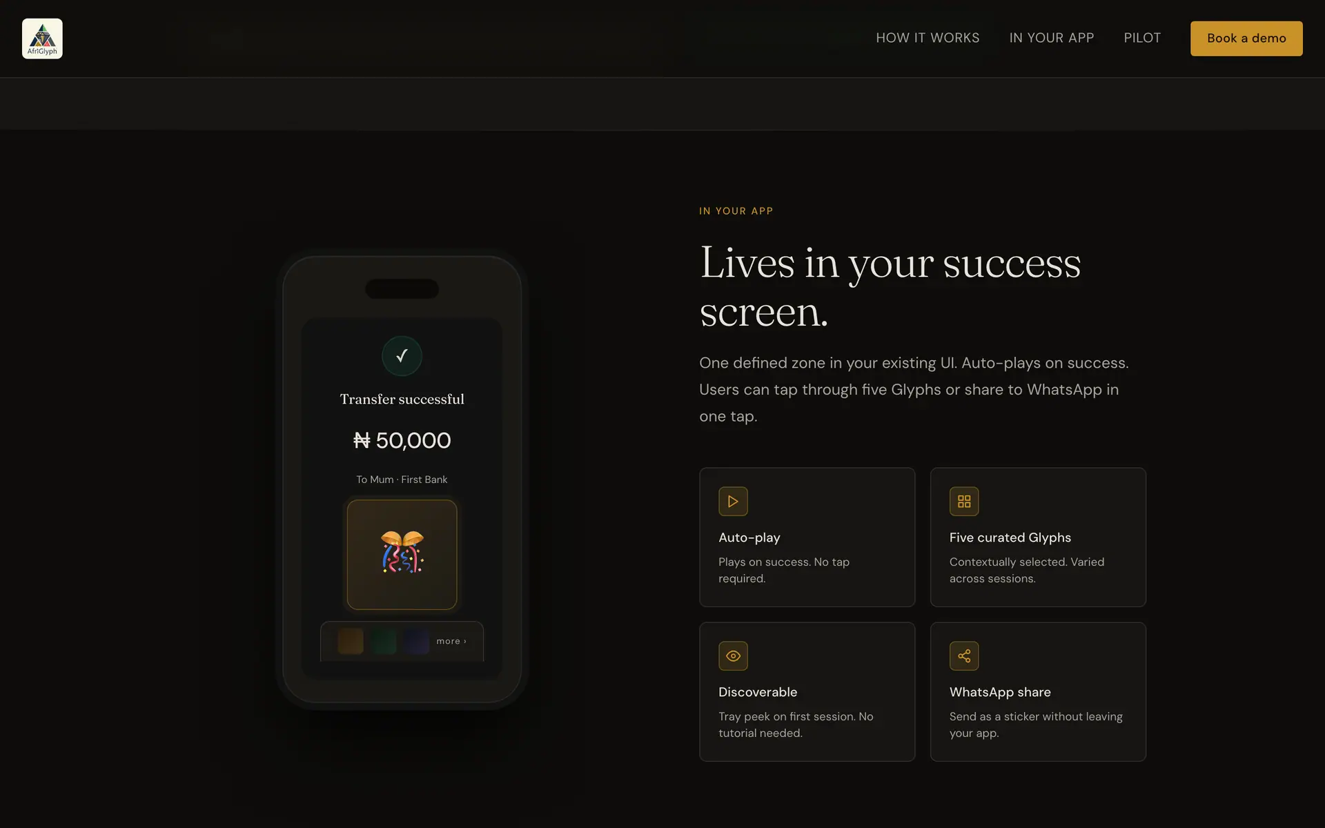 The AfriGlyph in-app section, showing a glyph playing on a payment success screen beside four supporting points