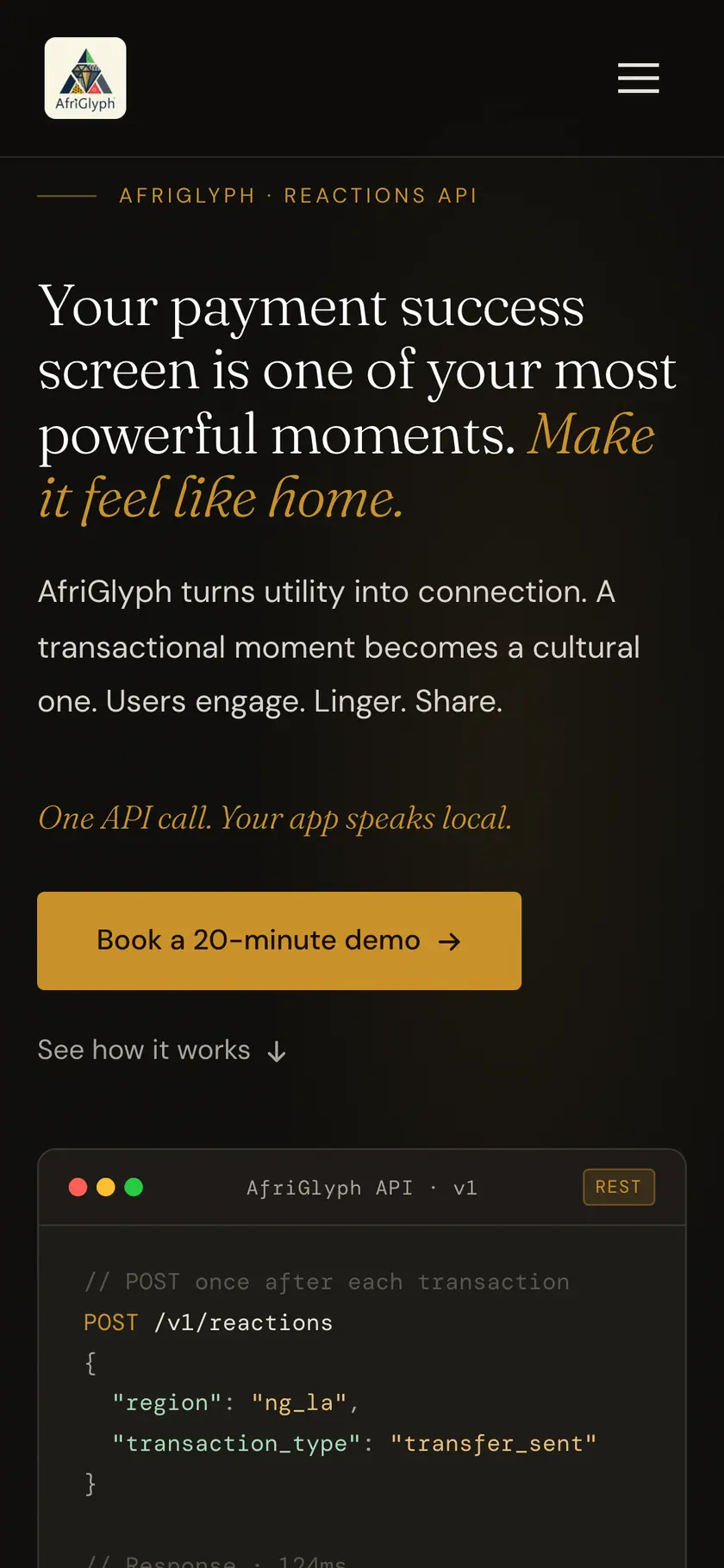 The AfriGlyph hero at phone width, with the rebuilt responsive layout and the API code block below it