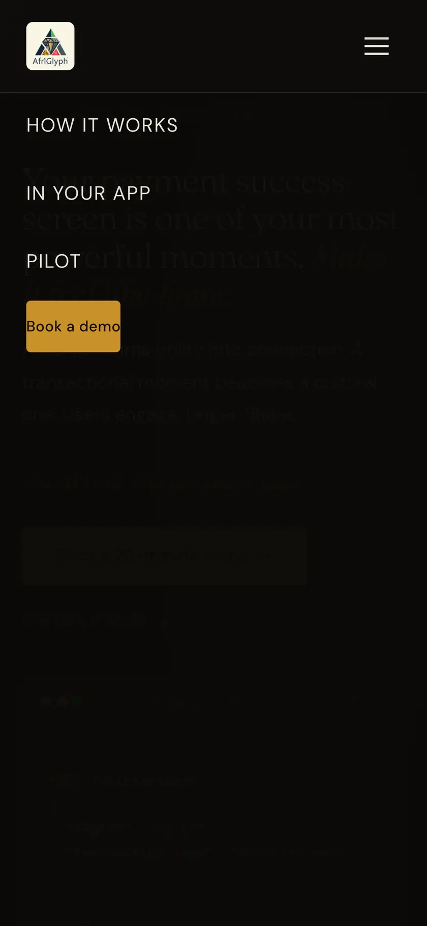 The AfriGlyph mobile menu open, the navigation that the original single-file page had no version of