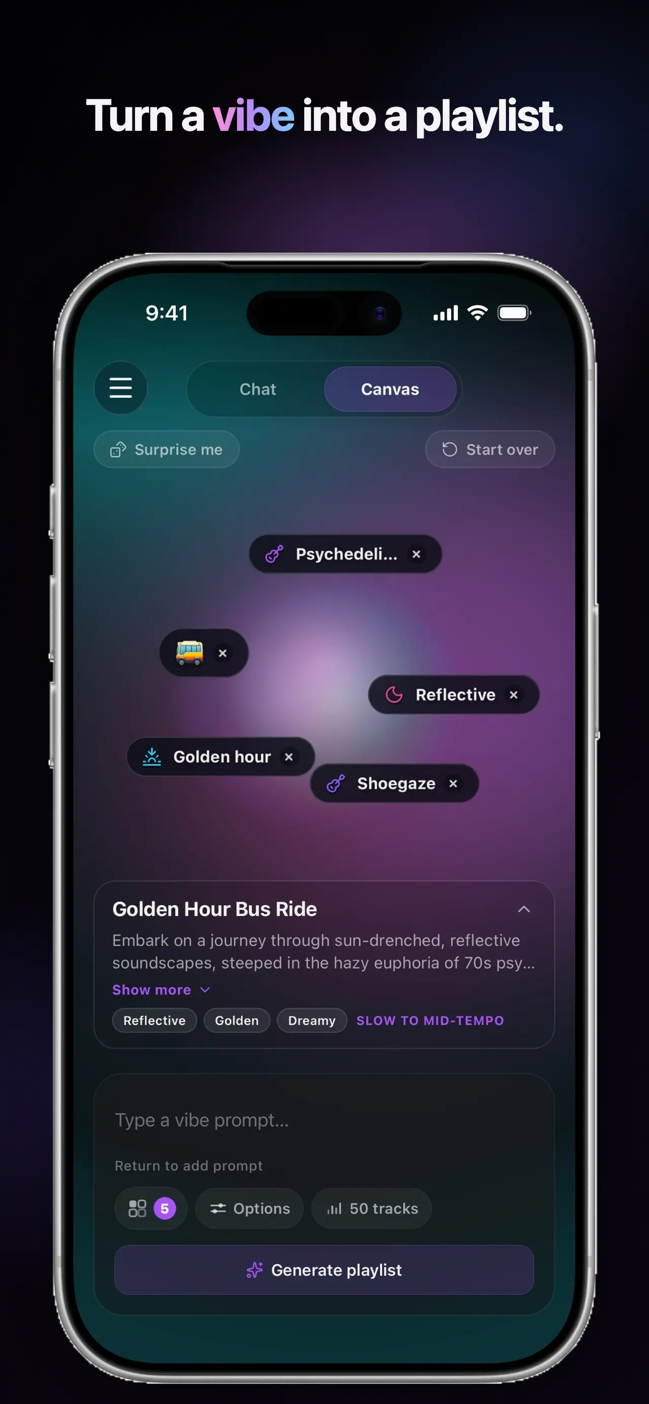Beyond25 on iPhone: moods, genres and artists stacked on the Canvas, ready to generate