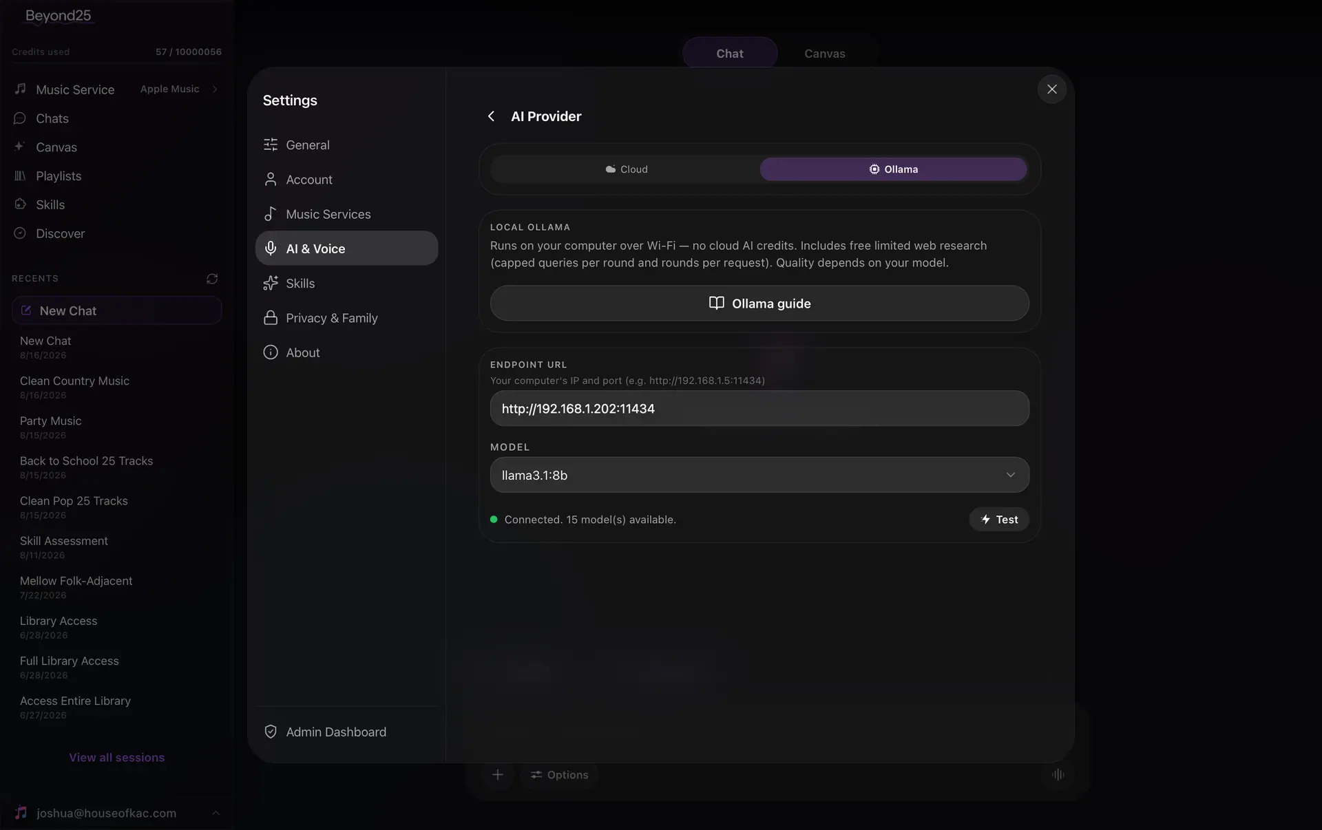 Beyond25 settings on Mac, pointed at a local Ollama model instead of the cloud
