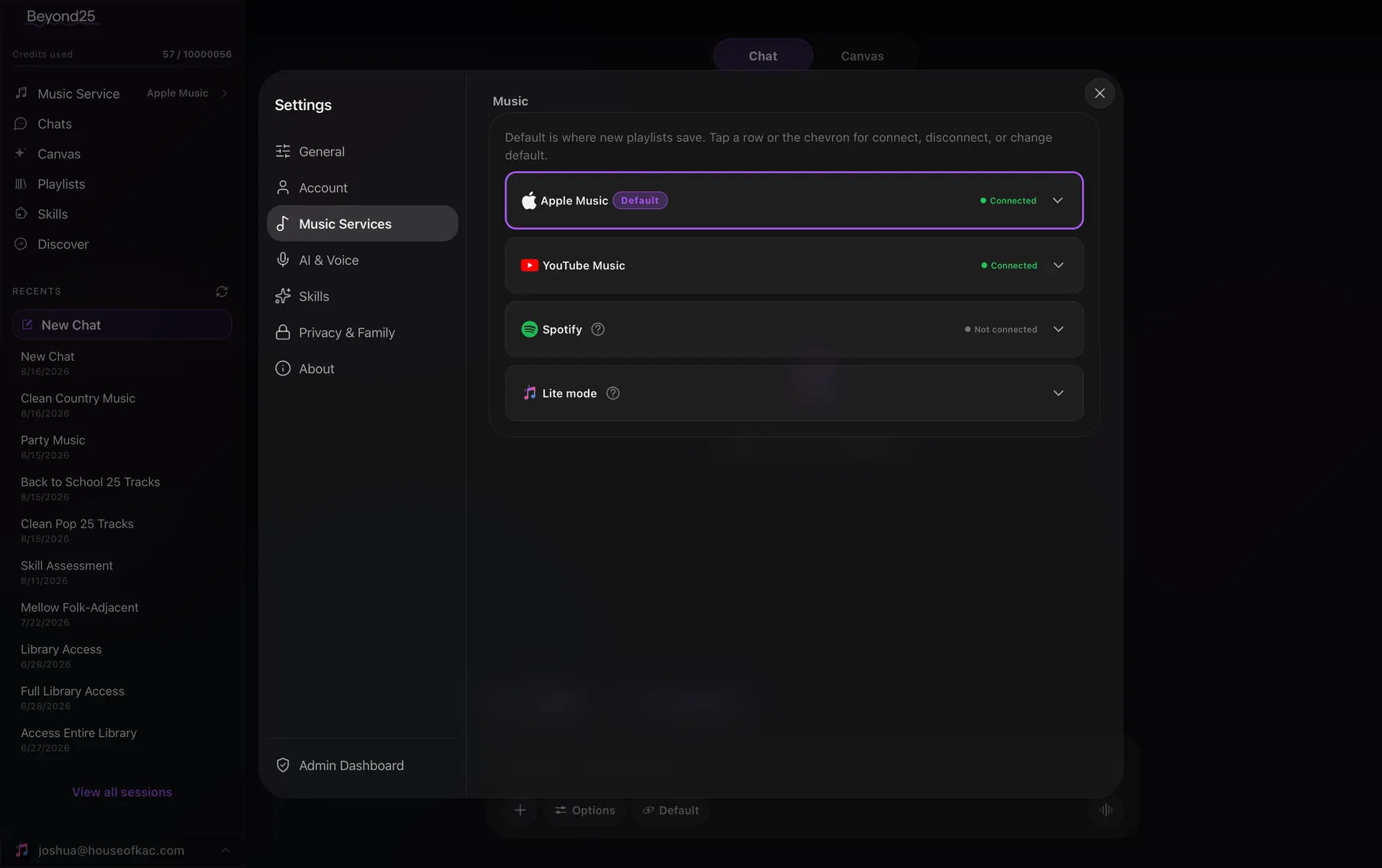 Beyond25 music service settings on Mac, with Apple Music and YouTube Music connected