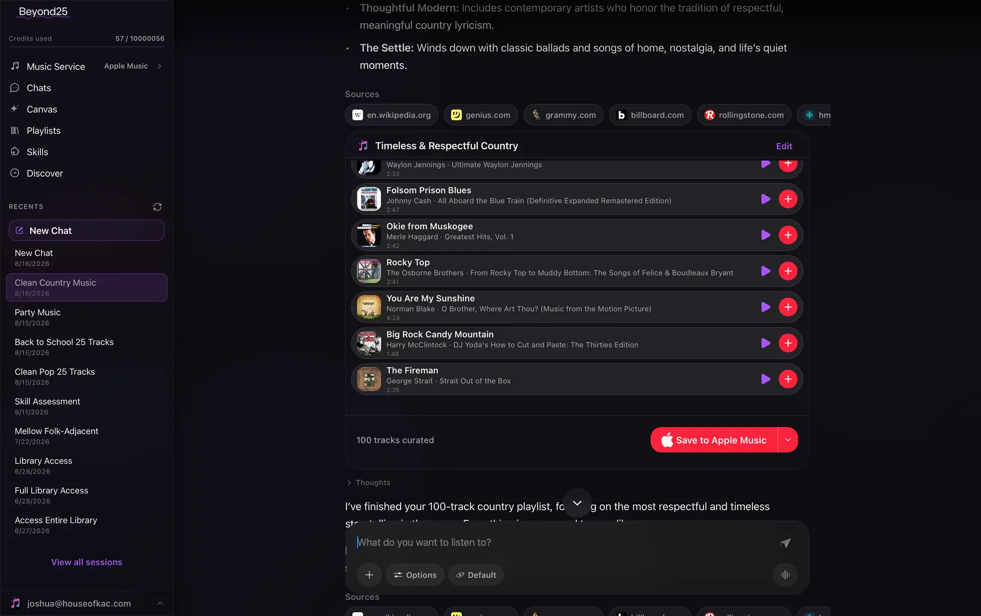 A finished Beyond25 playlist on Mac, with the sources it read listed above the track list and a one-tap save to Apple Music