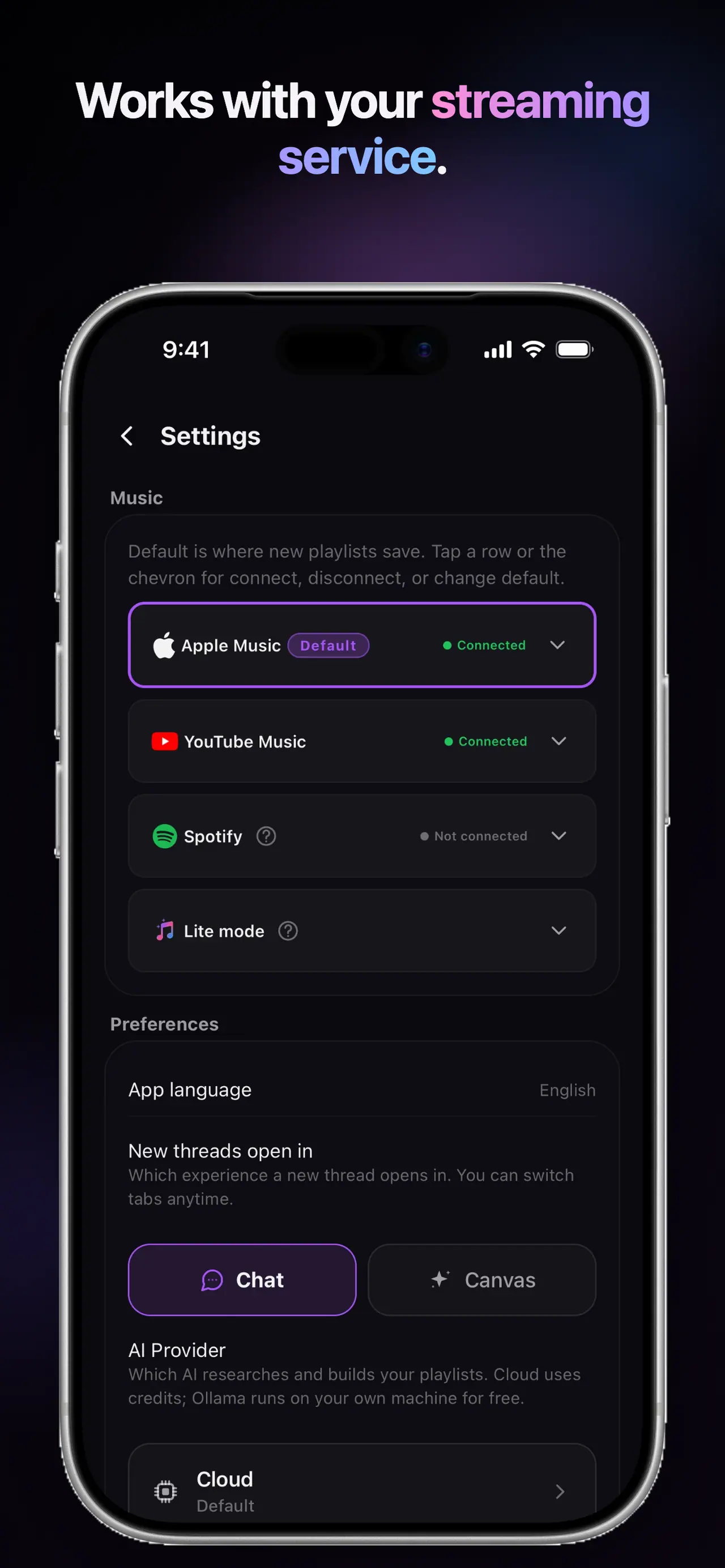 Beyond25 music service settings on iPhone, with Apple Music and YouTube Music connected