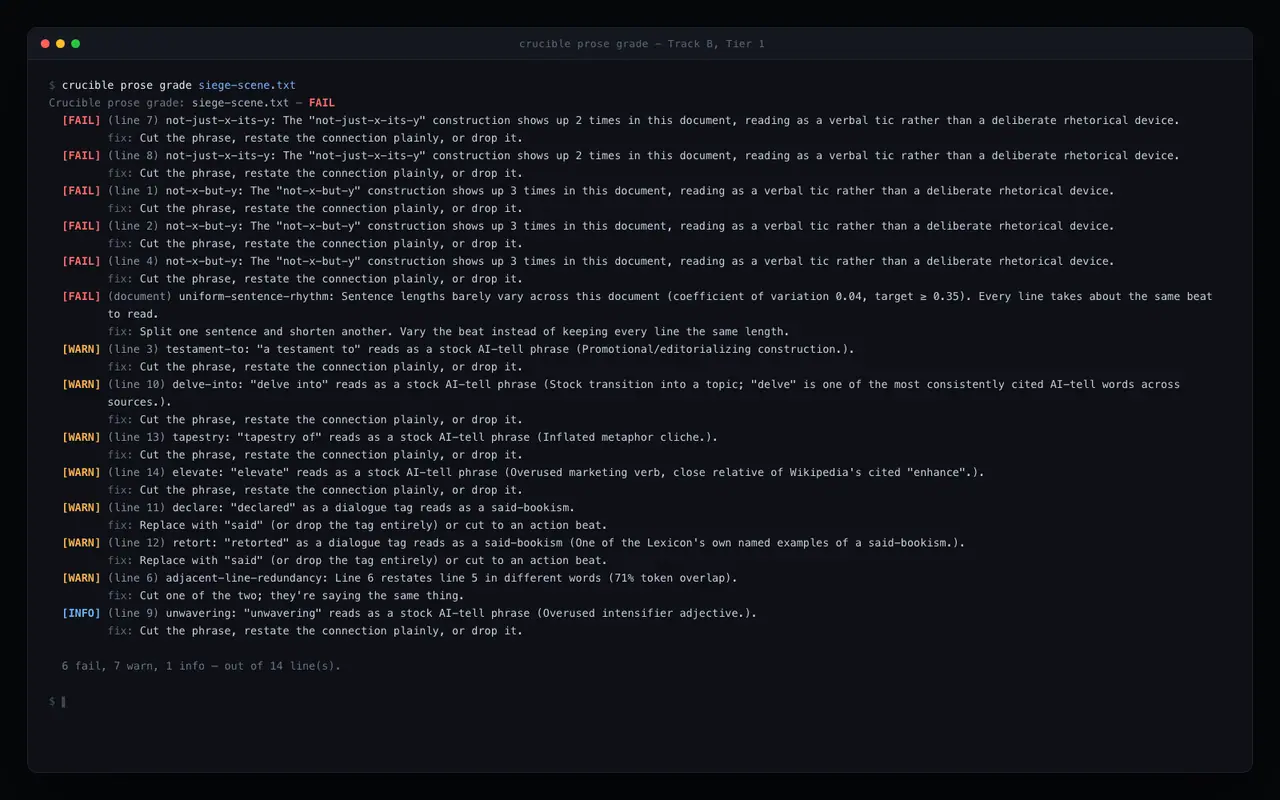 Crucible grading a scene of game dialogue, listing each finding with its line number and a specific fix
