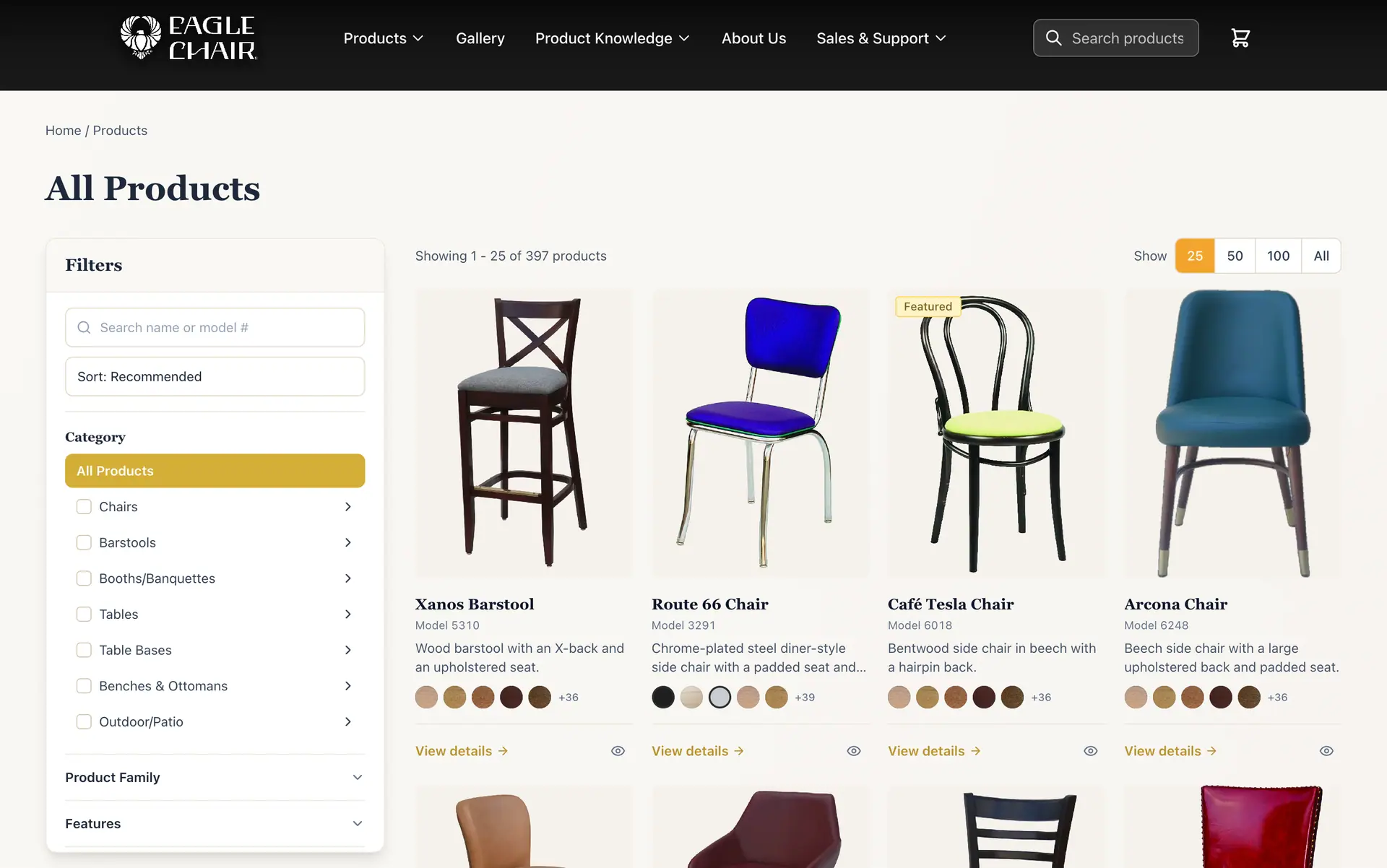The EagleChair catalog, with category, family and feature filters beside a grid of chairs and their finish swatches