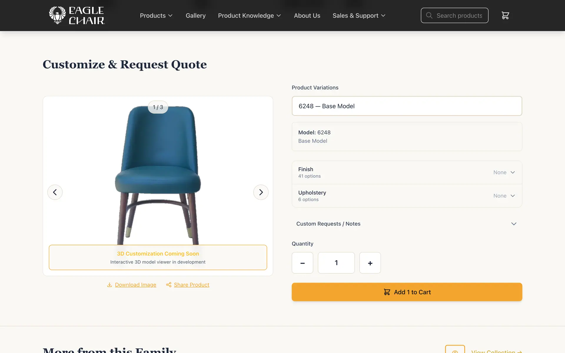 The EagleChair configurator, choosing a variation, finish and upholstery before adding a chair to the quote cart