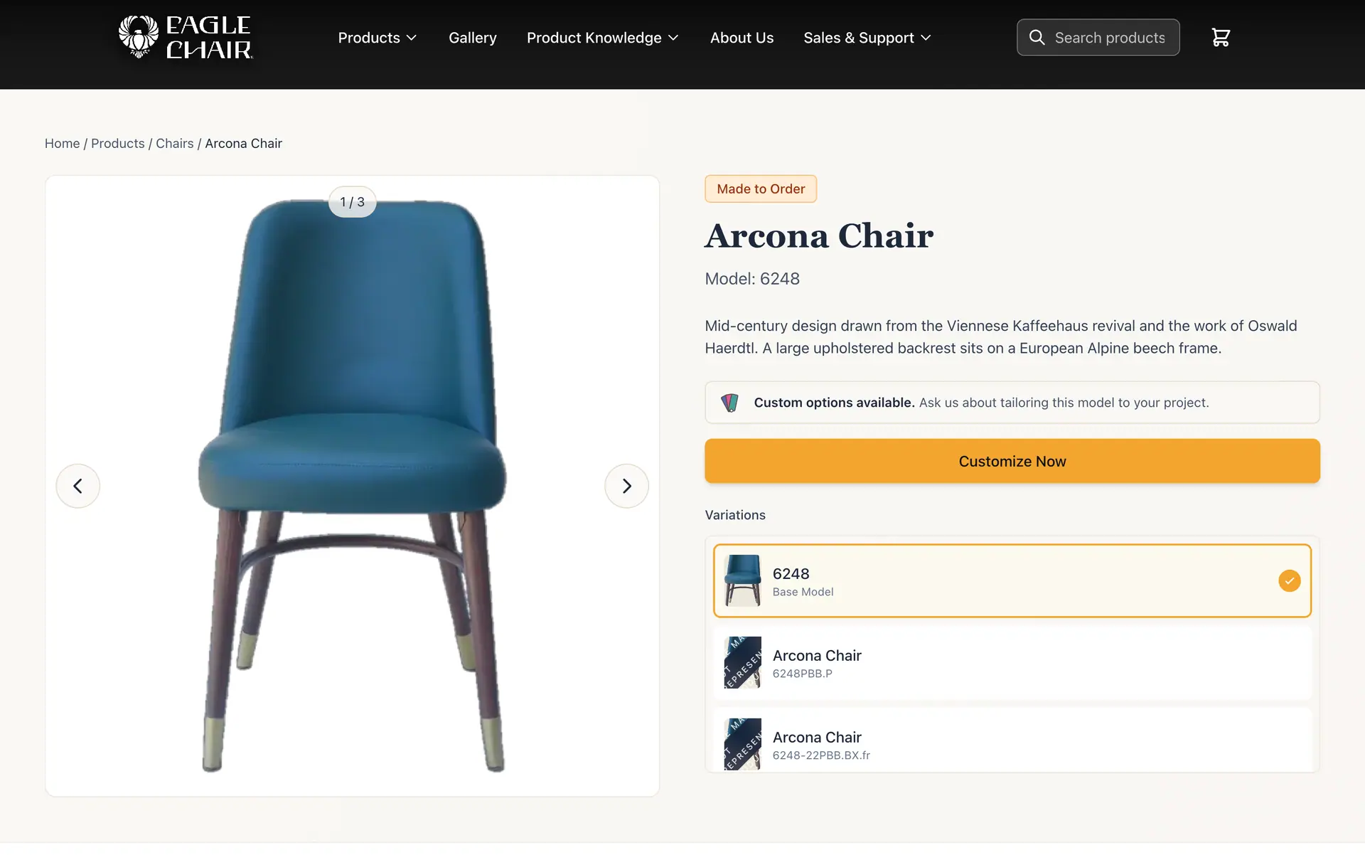 An EagleChair product page for the Arcona chair, with its image carousel and a list of variations