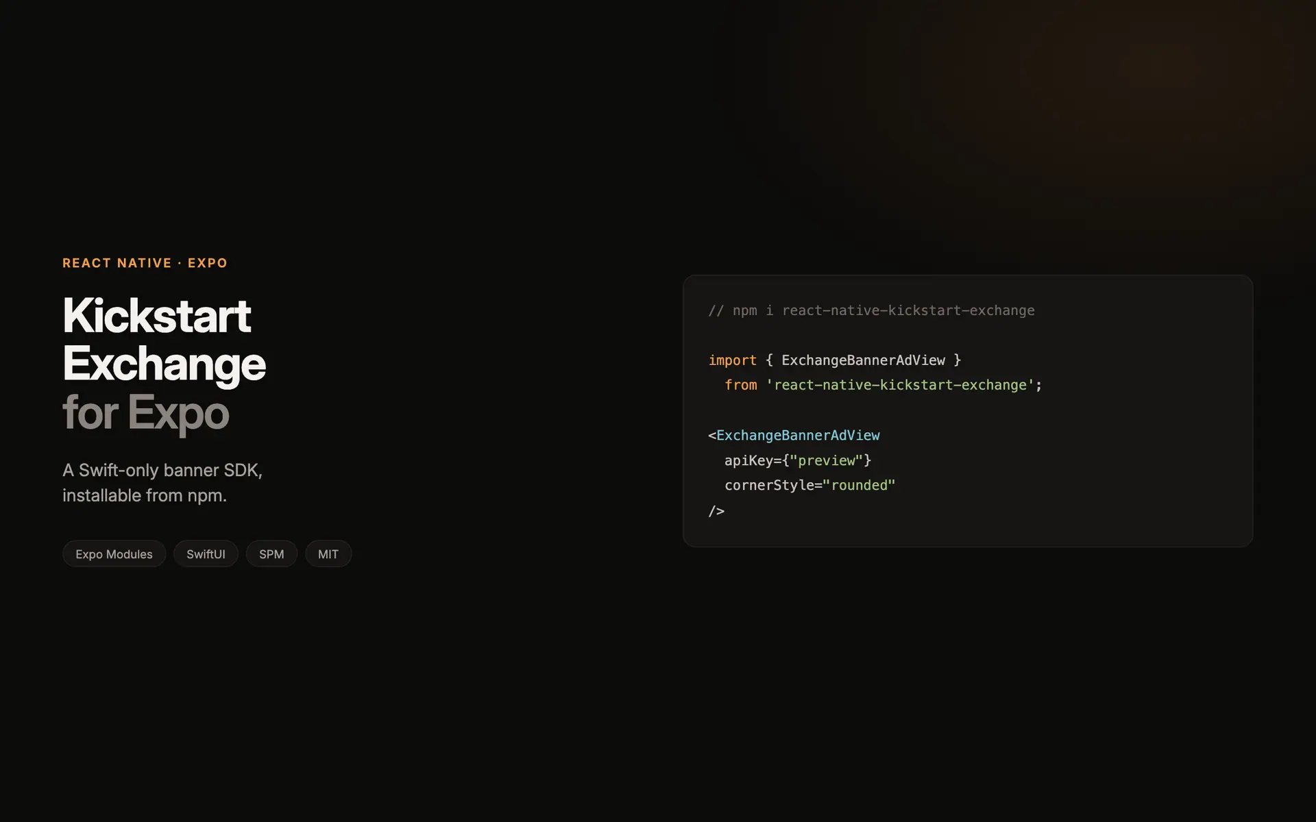 Kickstart Exchange for Expo: A Swift-only banner SDK, installable from npm.