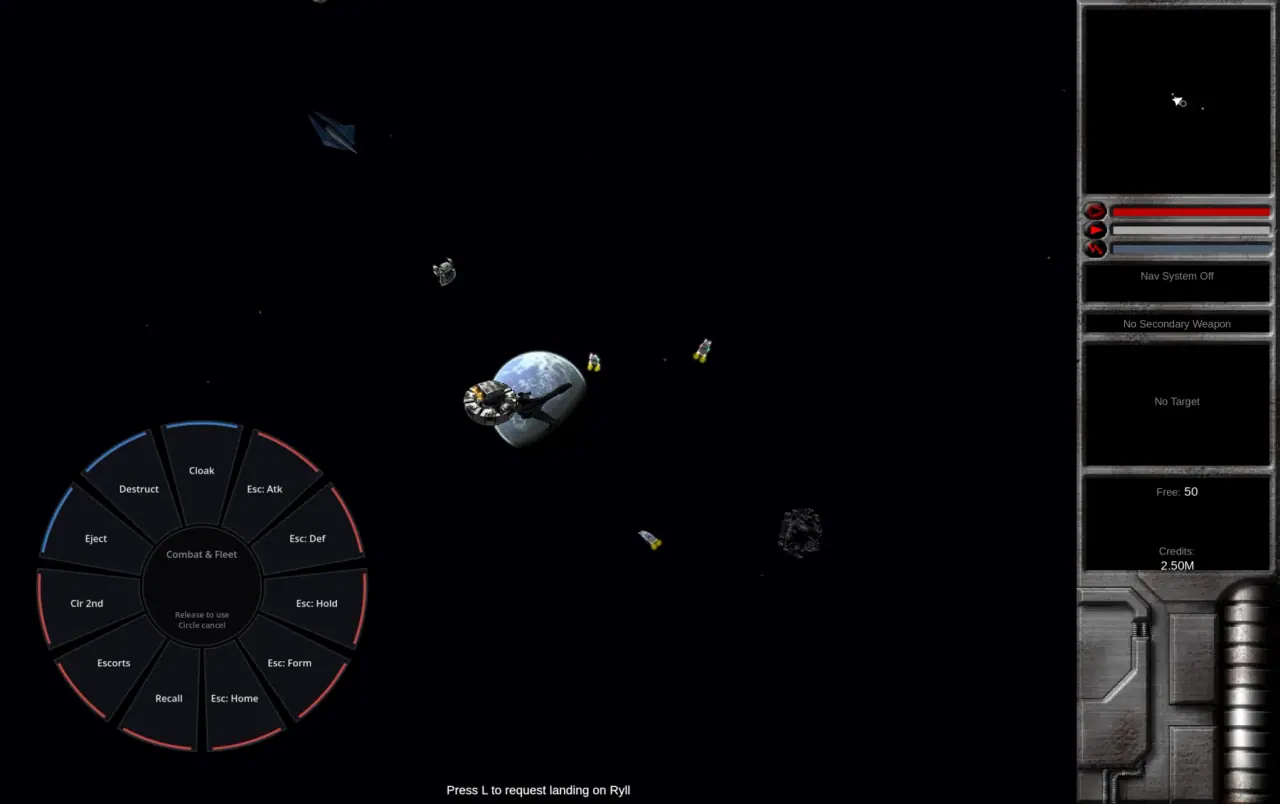 NovaSwift in flight with a gamepad, a radial Combat & Fleet wheel open with cloak, eject and orders for escorts