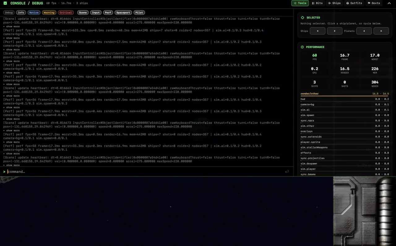 The NovaSwift debug console: a live engine log beside per-subsystem frame timings and a command prompt