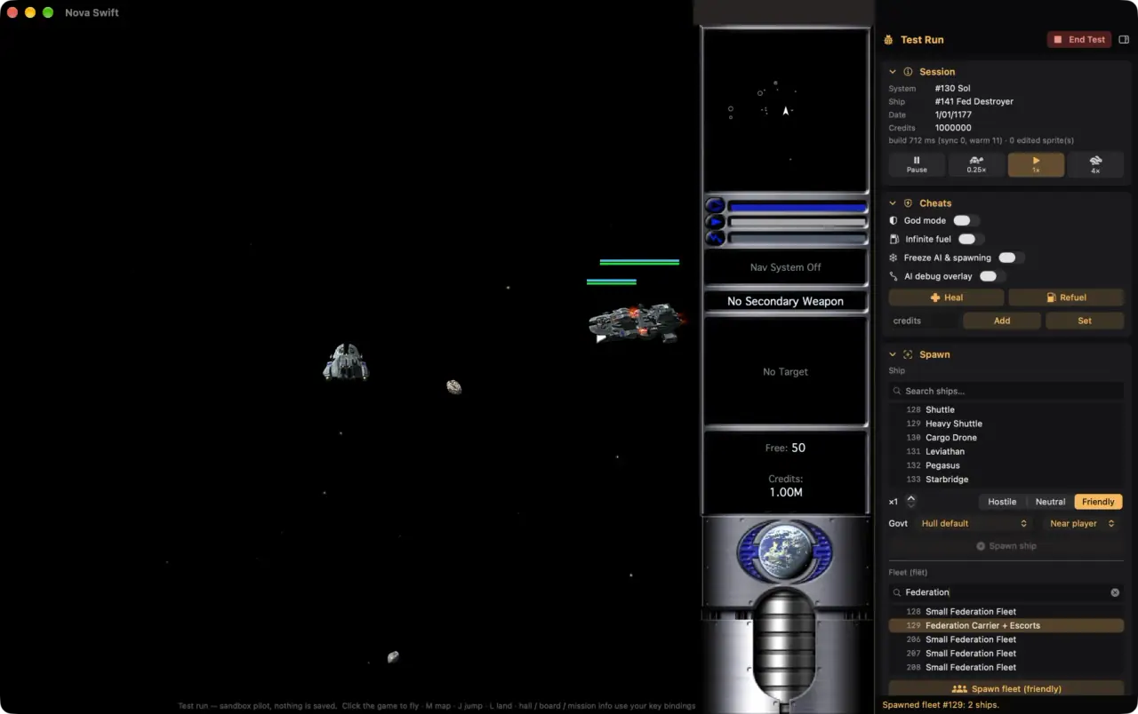 Test Run in the NovaSwift plug-in editor, flying a plug-in in progress with a panel for cheats, game speed and spawning ships and fleets
