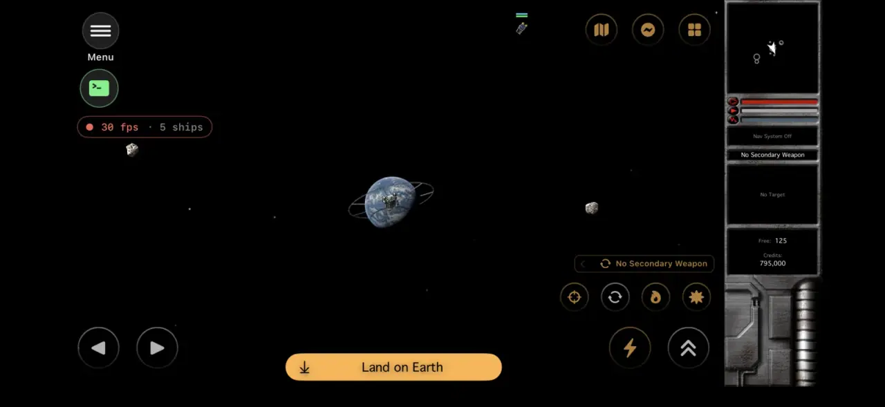 NovaSwift on iPhone, with touch flight controls and a button to land on Earth