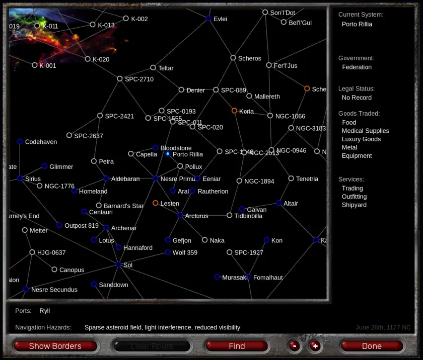 The NovaSwift galaxy map, with hyperspace routes and a panel showing the selected system's government, goods and services