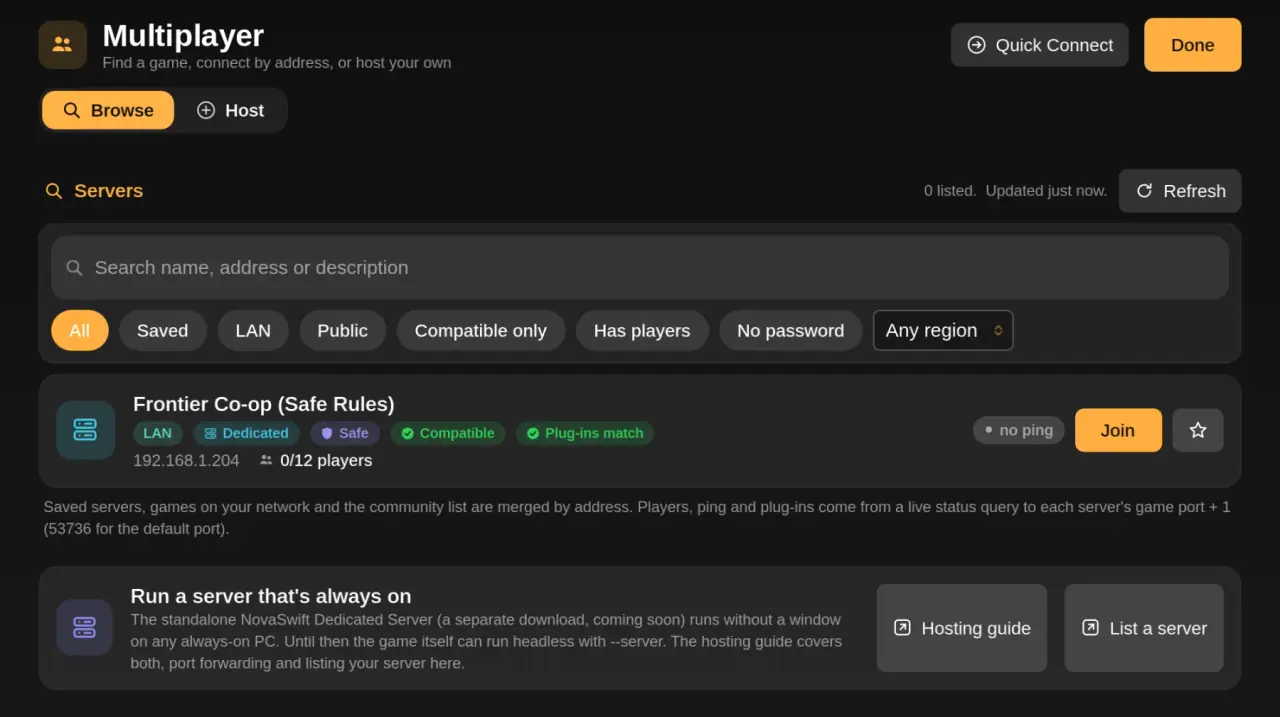 The NovaSwift server browser, listing a co-op server with its rules, ping and player count, plus filters for LAN and public games