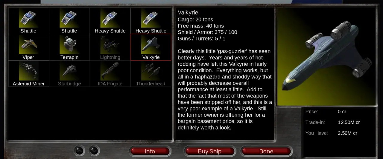 The NovaSwift shipyard, with a row of hulls to choose from and the Valkyrie selected beside its description and price