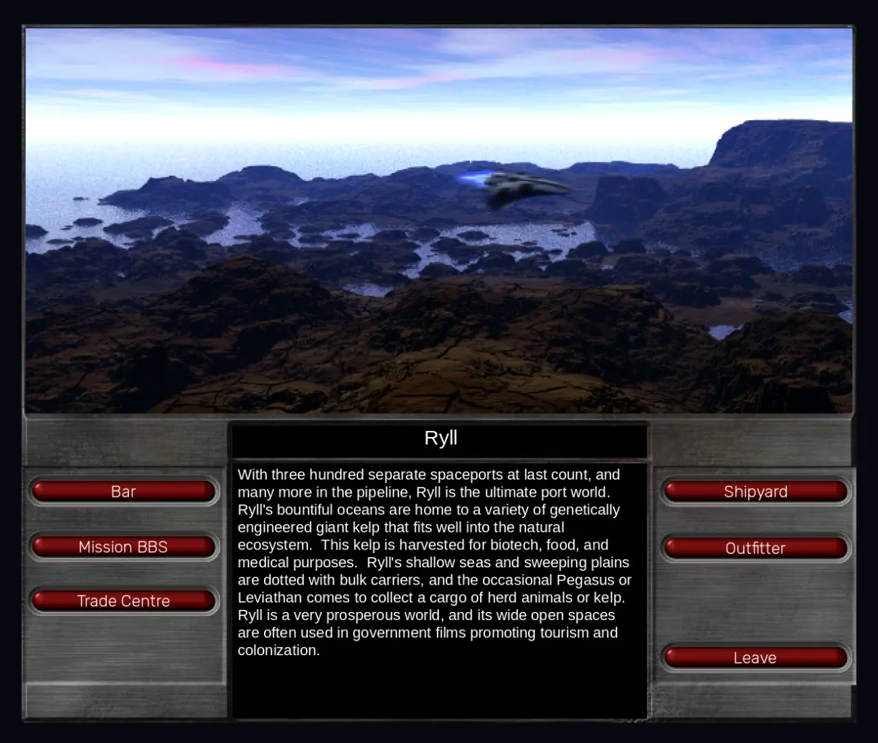 Landed on Ryll in NovaSwift, with the planet description and buttons for the bar, mission board, trade center, shipyard and outfitter