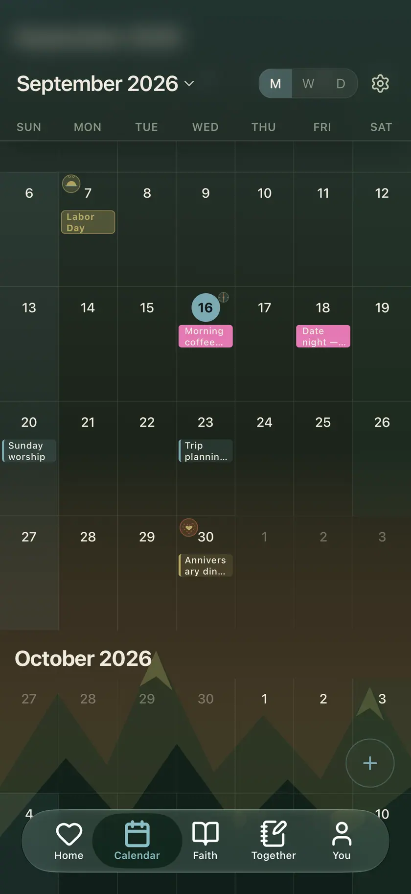 The Ourlee shared calendar in month view, with events from both partners colored by owner