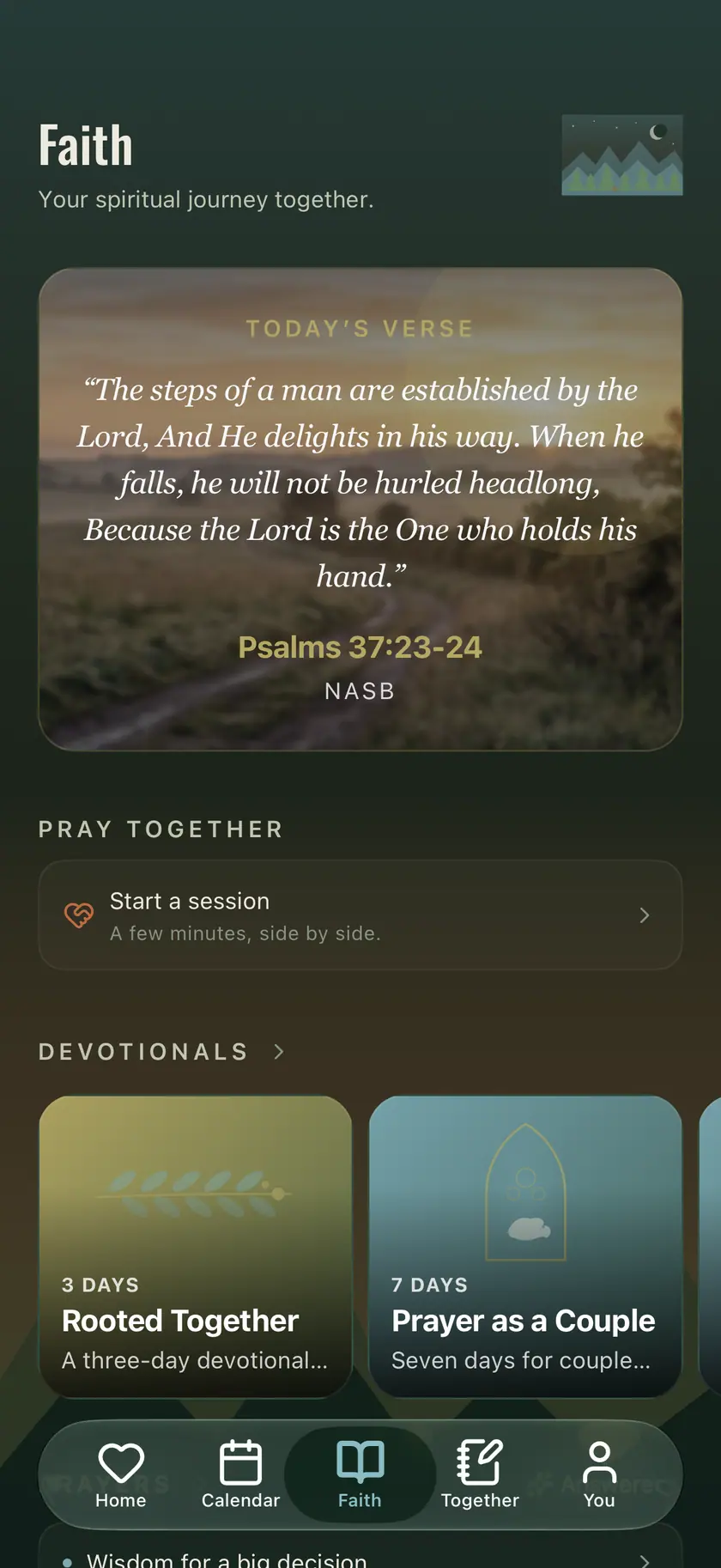 Ourlee's Faith tab, showing the daily verse, a pray-together session and multi-day devotionals
