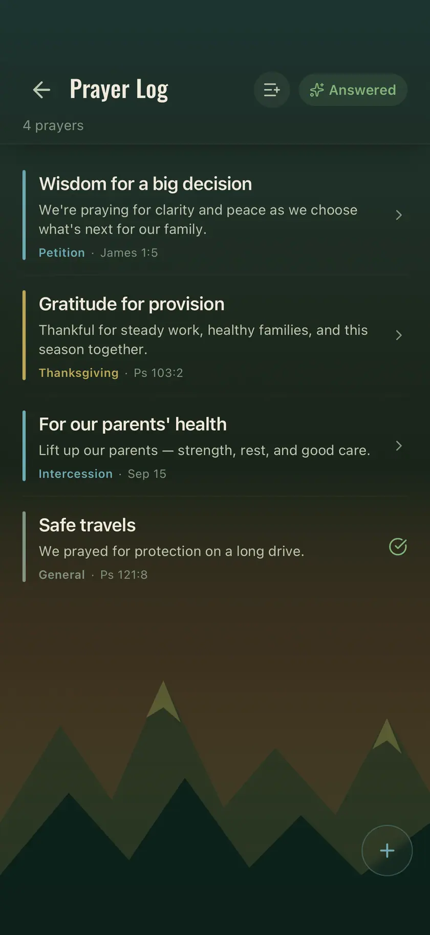 The Ourlee prayer log, with prayers tagged as petition, thanksgiving or intercession and one marked answered
