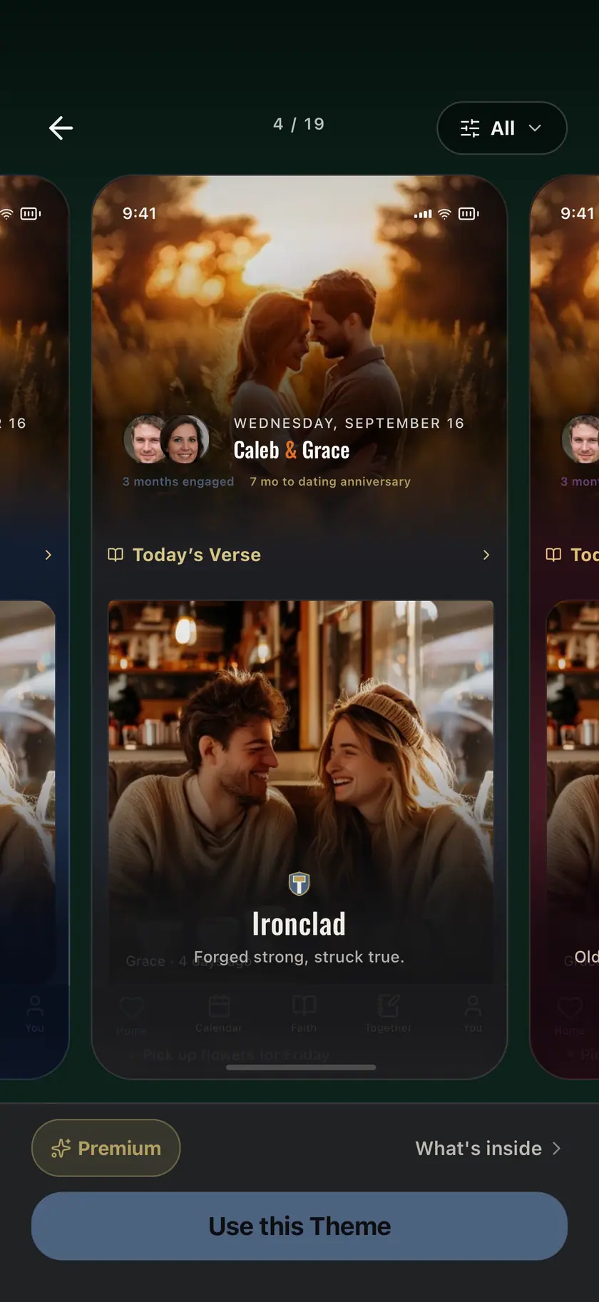 The Ourlee theme store, previewing a theme across the whole app before applying it