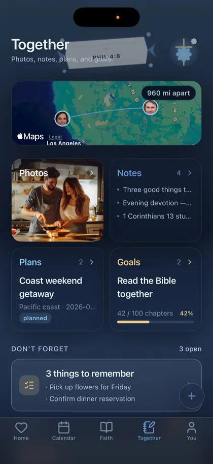 The Ourlee together screen, showing shared notes and plans
