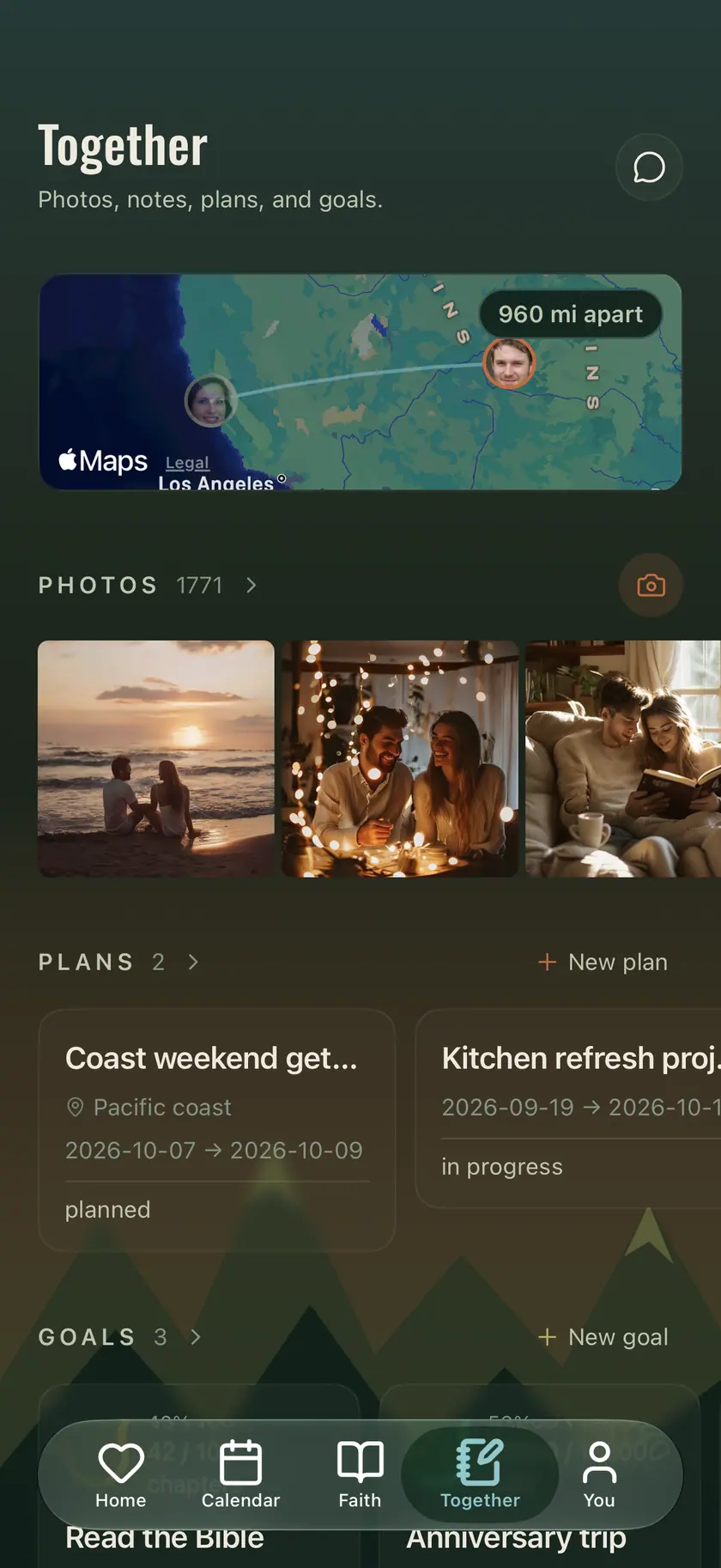The Ourlee Together tab, with the distance between two partners on a map, the shared photo library, plans and goals